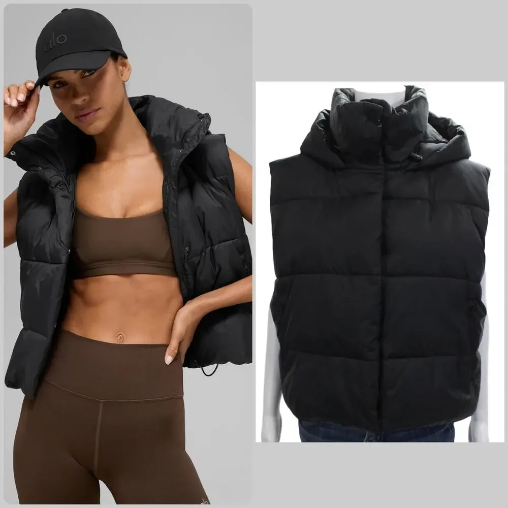 Alo Yoga Gold Rush Puffer Vest Black Hooded Nylon Warm Athleisure Winter Core